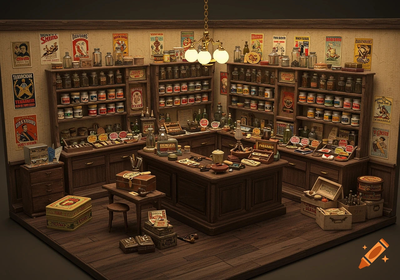 A realistic dollhouse room depicting an old-timey tobacconist shop with shelves, counters, and posters.
