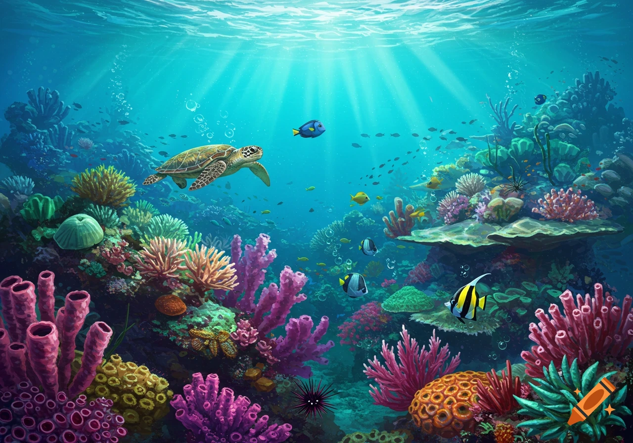 A vibrant underwater scene shows a sea turtle swimming above a colorful coral reef with various fish and sunlight streaming through the water.