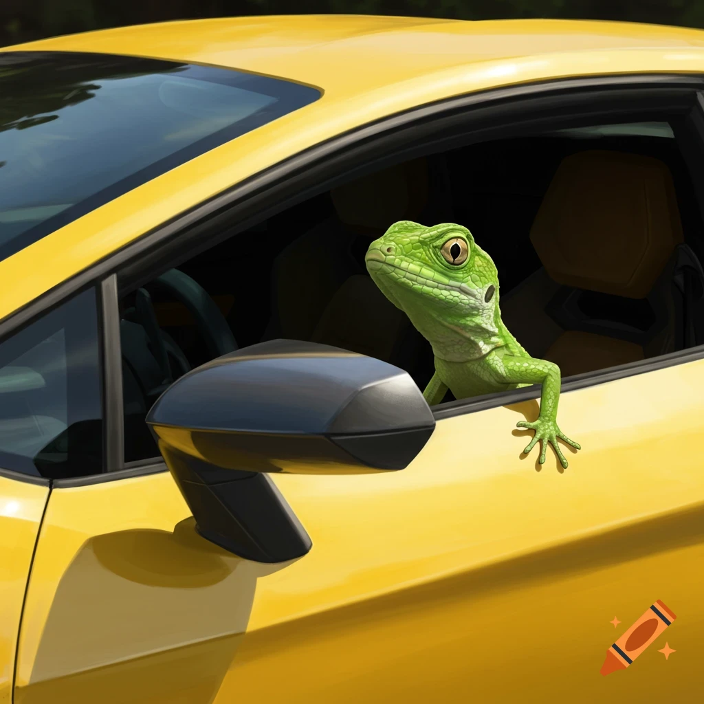 A green lizard leans out the window of a yellow sports car