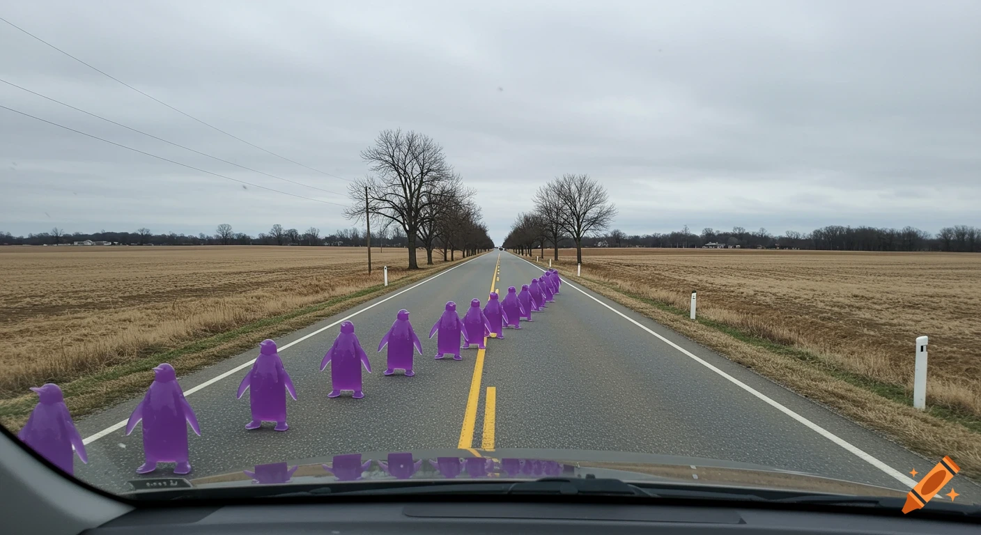 View from car windshield shows a line of purple translucent penguin figures walking down a long country road.