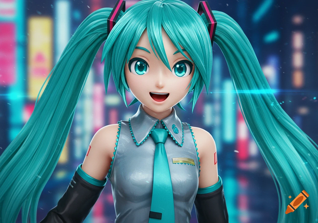 Close-up portrait of the anime character Hatsune Miku smiling, with long teal pigtails.