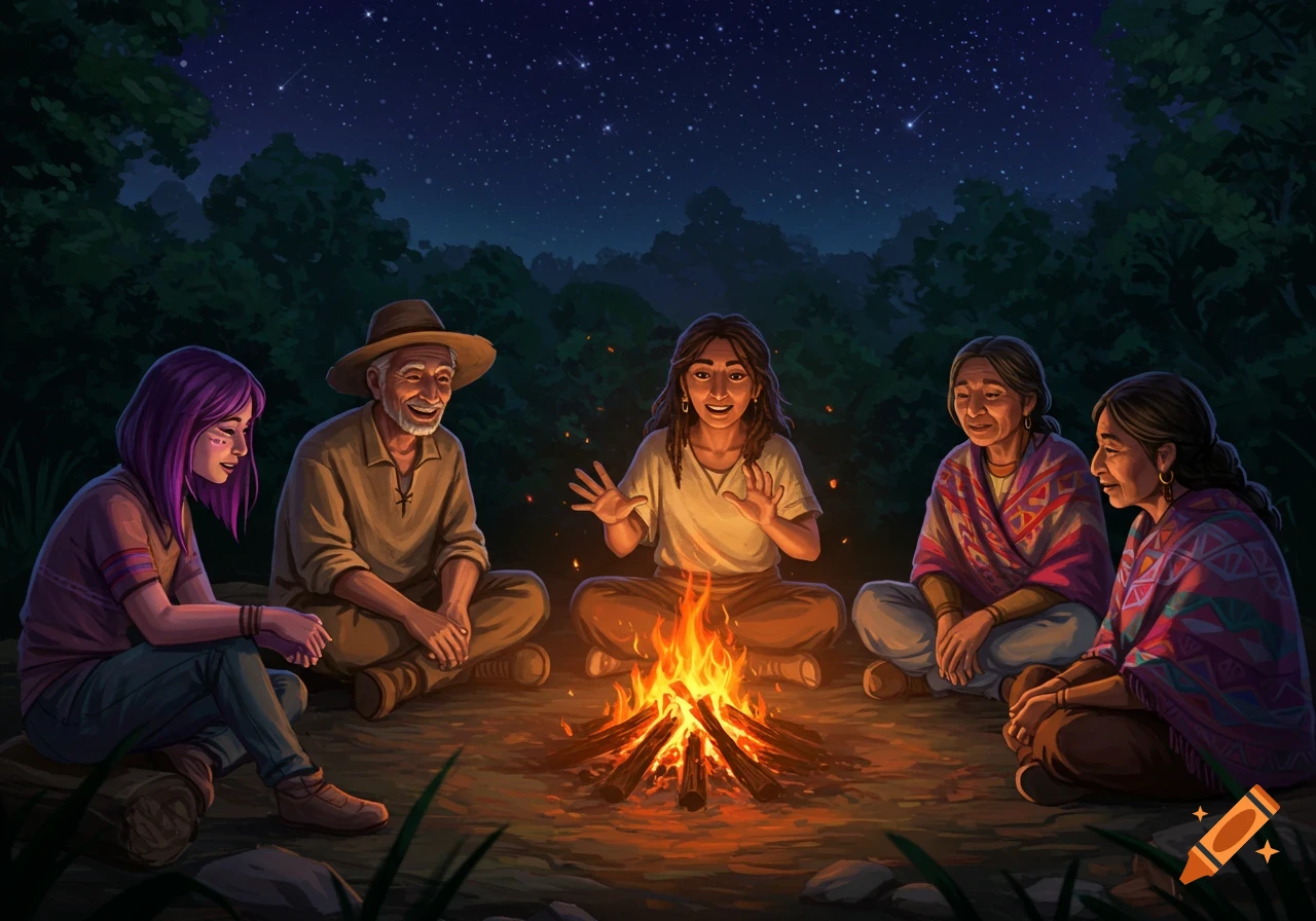 Illustrative scene of diverse people sitting around a campfire at night, sharing stories under a starry sky.
