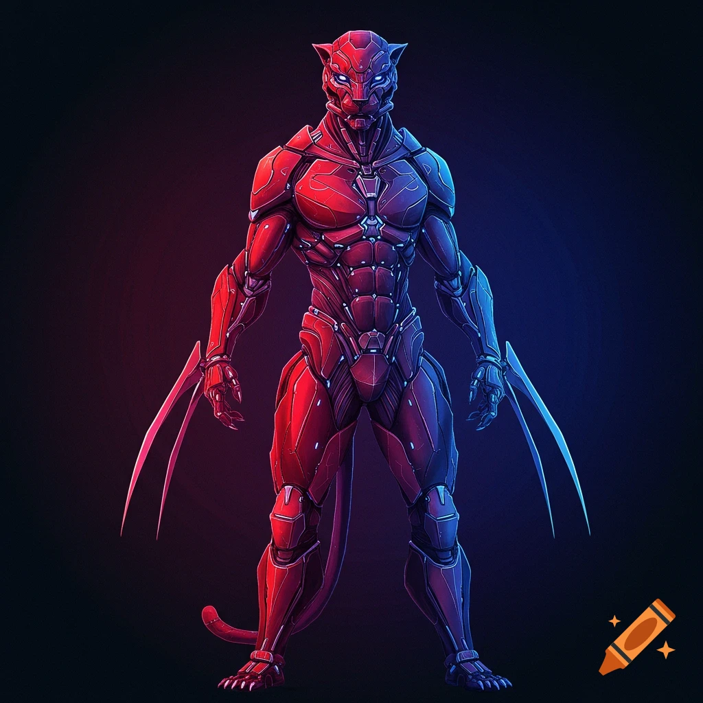 A futuristic humanoid panther robot with red and blue lighting.