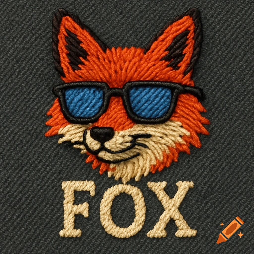 Embroidered fox head wearing blue sunglasses above the embroidered text "FOX".