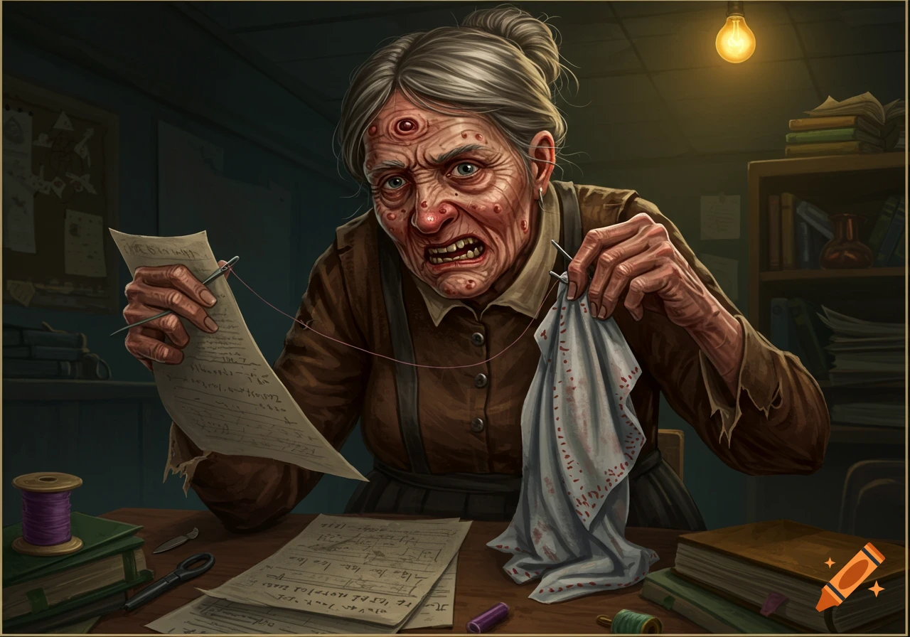 Grotesque old woman with warts and three eyes sewing blood-stained fabric while holding a paper with illegible writing. Dark room, detailed illustration.