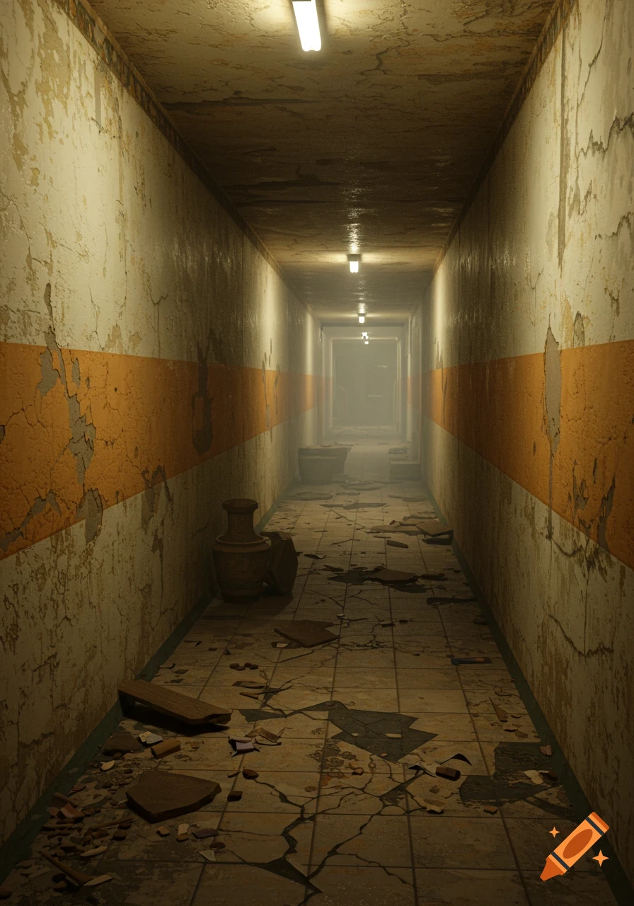 A long, dilapidated hallway with peeling paint, broken floor tiles, and dim overhead lights, evoking a liminal space.