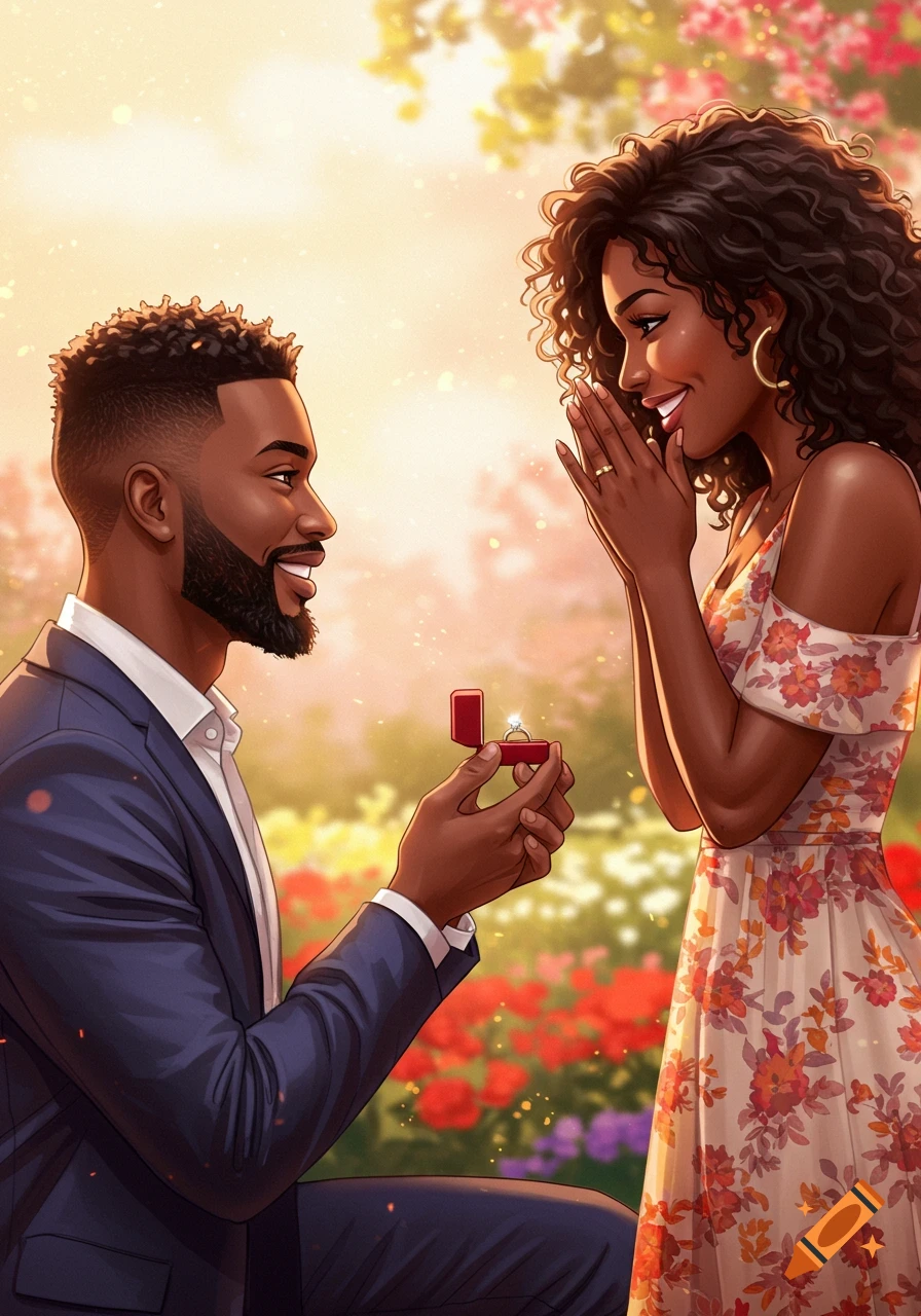 Illustration of a man proposing to a woman in a sunny garden.