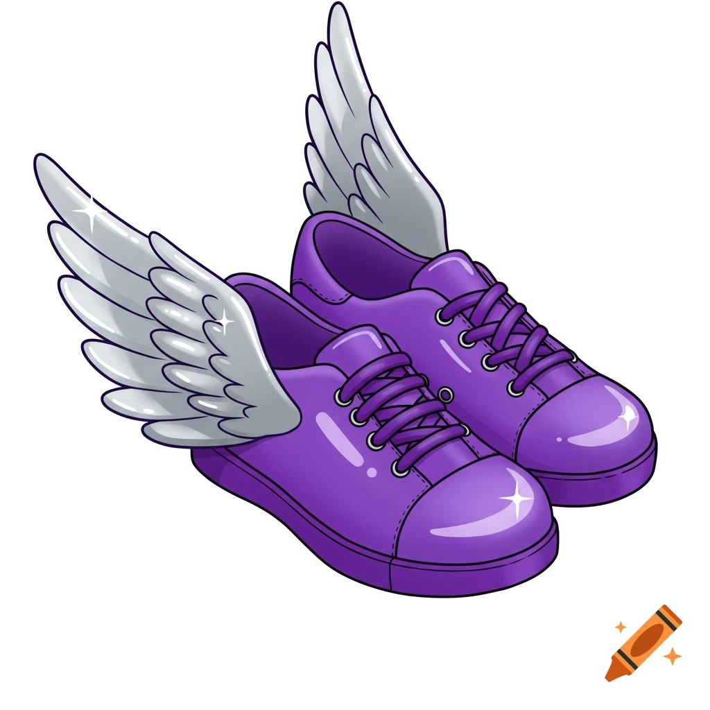 A pair of purple sneakers with silver wings attached, in a clip art style.