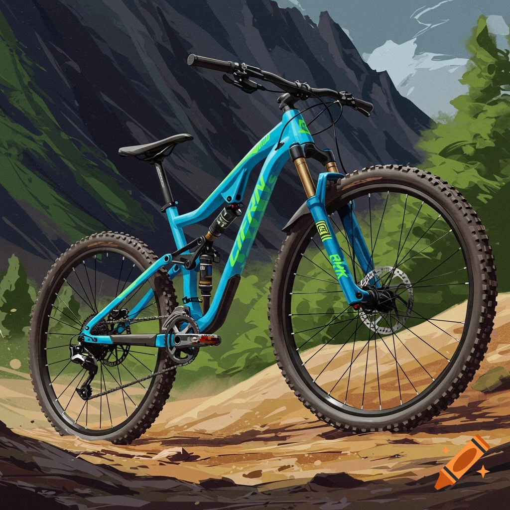 A blue and green mountain bike on a dirt trail in a mountain landscape. Detailed illustration.