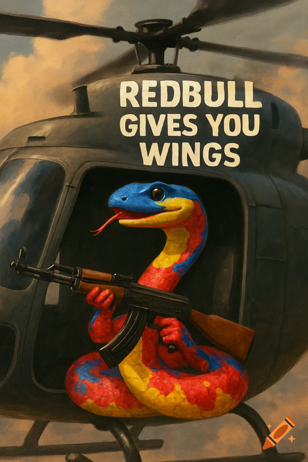 A stylized red, blue, and yellow snake holding an AK47 leans out of a helicopter with "REDBULL GIVES YOU WINGS" painted on it.