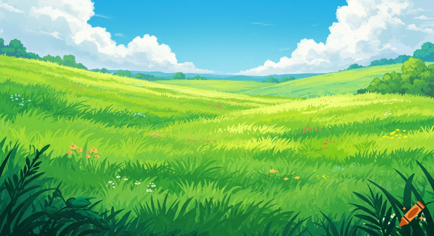 Stylized anime landscape of green grassy hills under a blue sky with fluffy clouds.