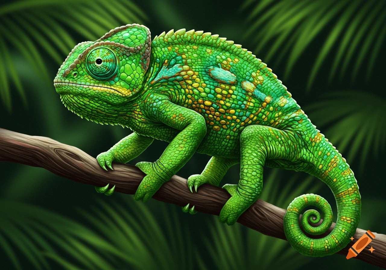 A detailed illustration of a green chameleon on a branch with foliage in the background.