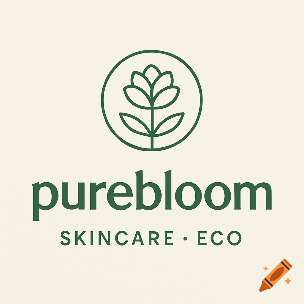 Purebloom skincare and eco logo with a stylized green plant icon in a circle above the text.