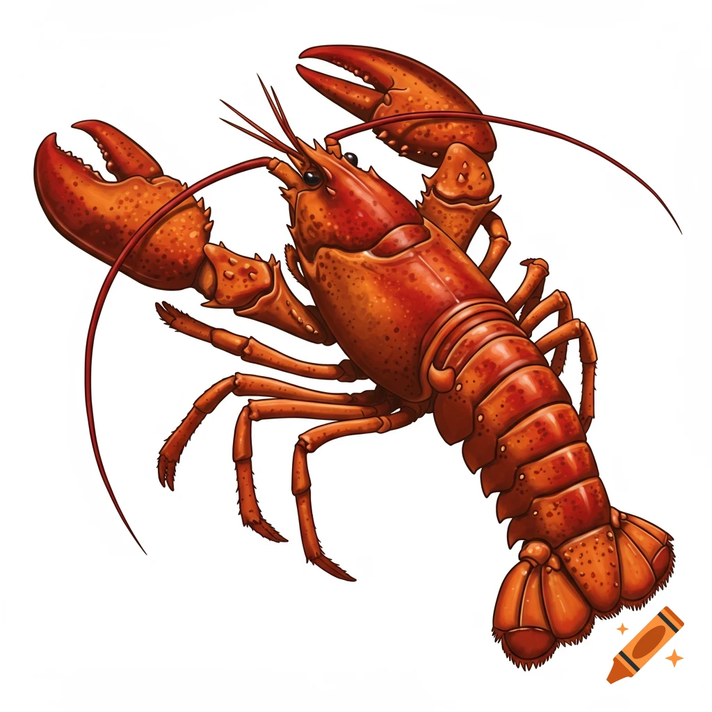 An illustration of a red lobster on a white background.