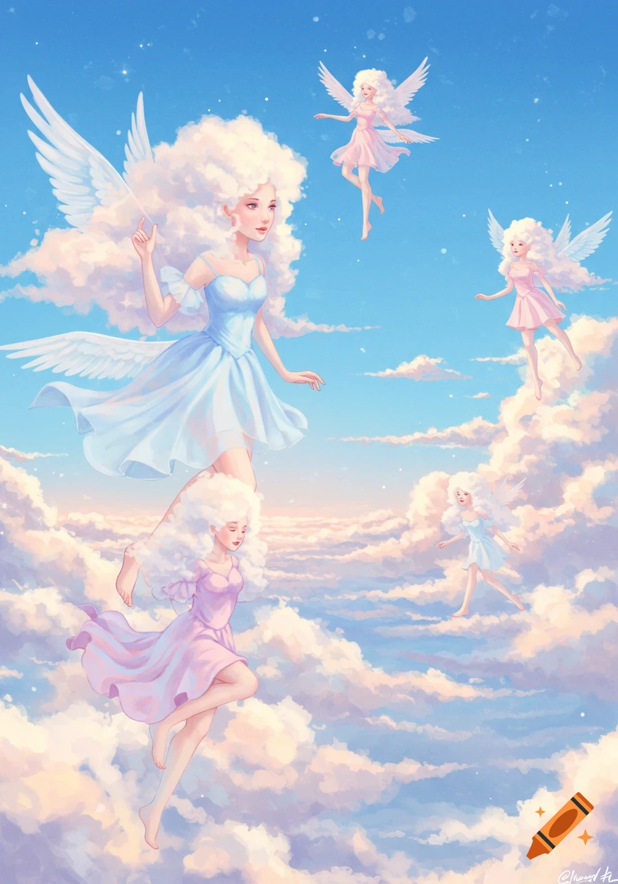 Ethereal women with cloud hair and wings float among pastel clouds in a blue sky, fantasy illustration.