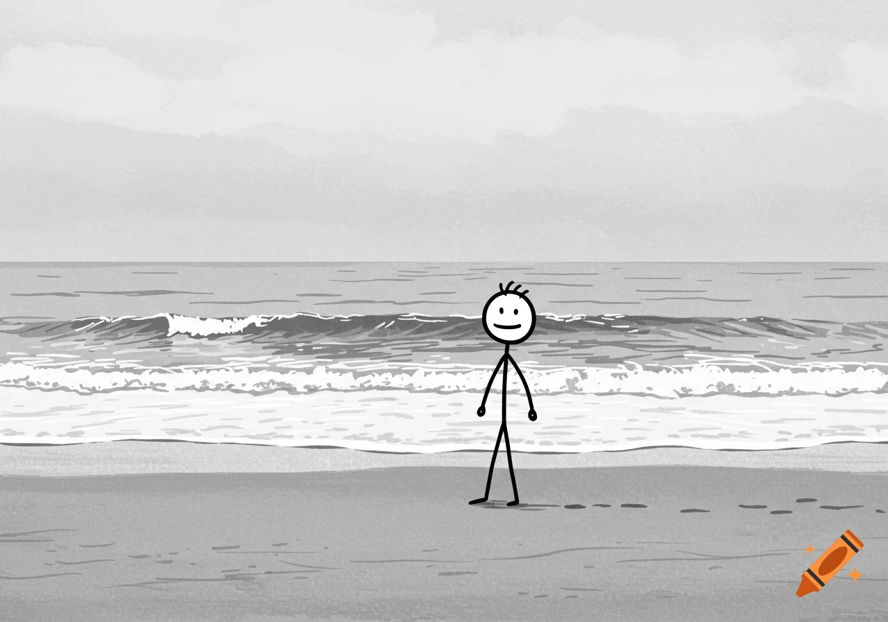 A black and white drawing of a stick figure standing on a beach with waves.
