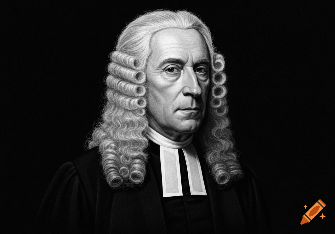 Black and white drawing of a man in a white curly wig and black coat with a white collar.
