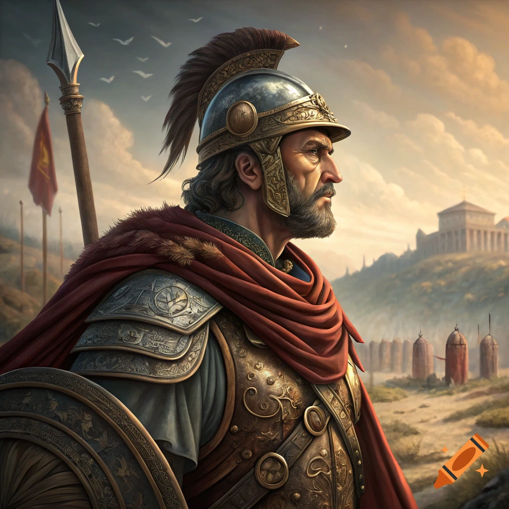 Man in ancient Roman armor with spear and shield on a battlefield, looking determined.