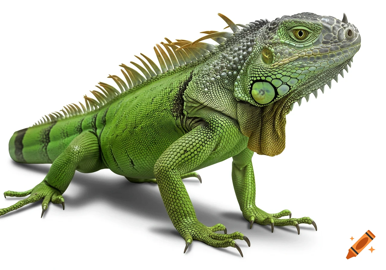 Realistic render of a green iguana on a white background.
