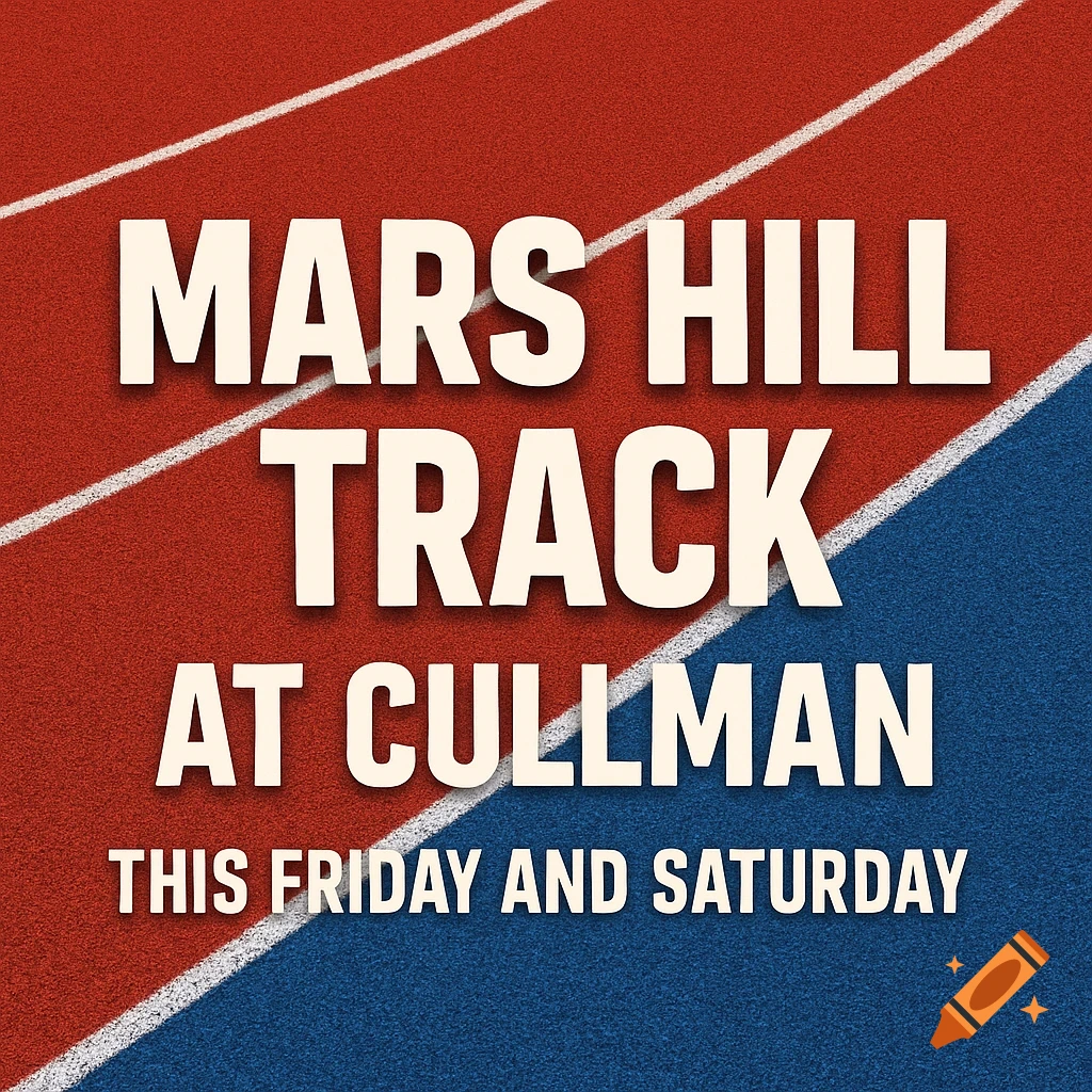 Red and blue track field with text overlay reading 'Mars Hill Track at Cullman this friday and saturday'.