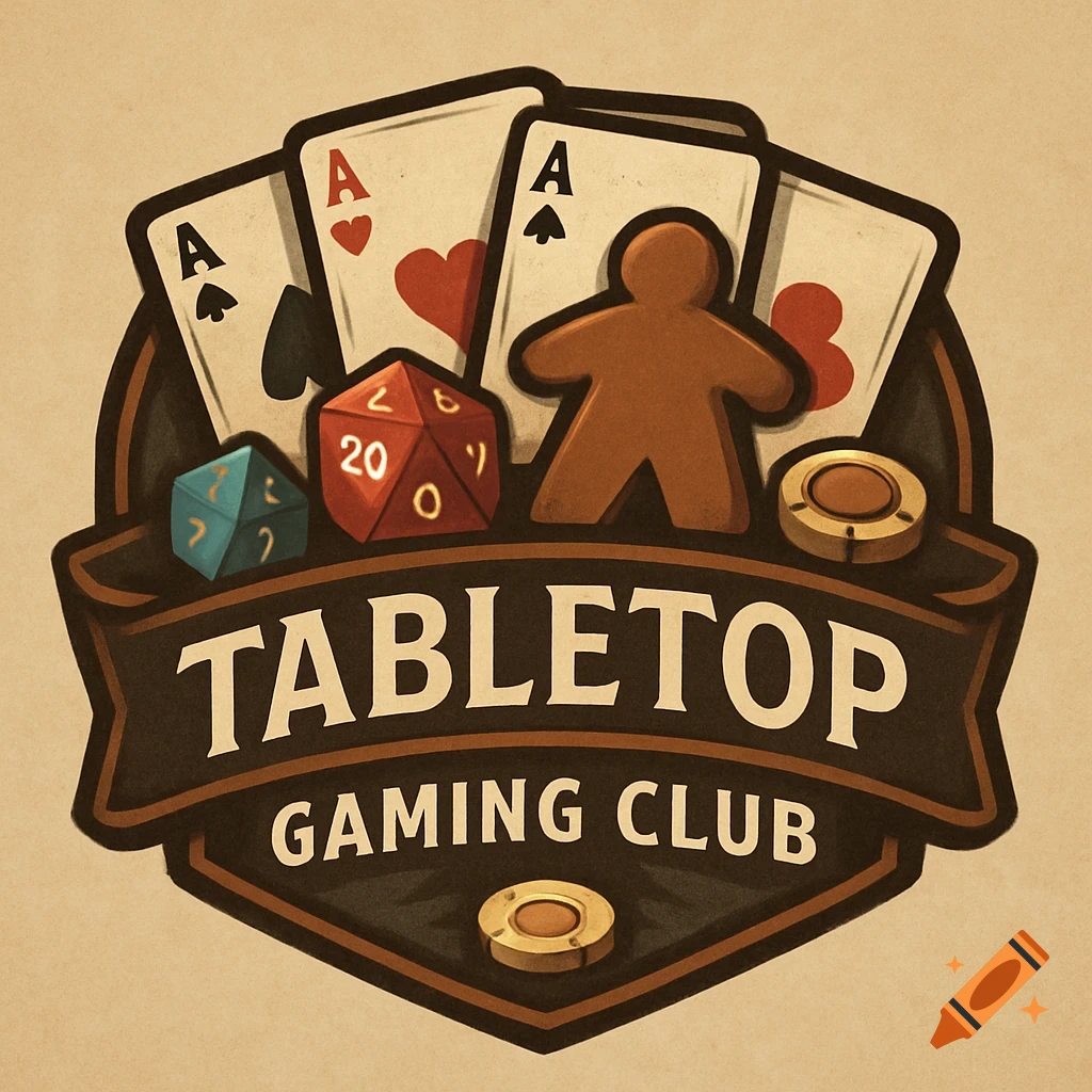A logo for a tabletop gaming club featuring playing cards, dice, a meepl-like figure, and gaming tokens.
