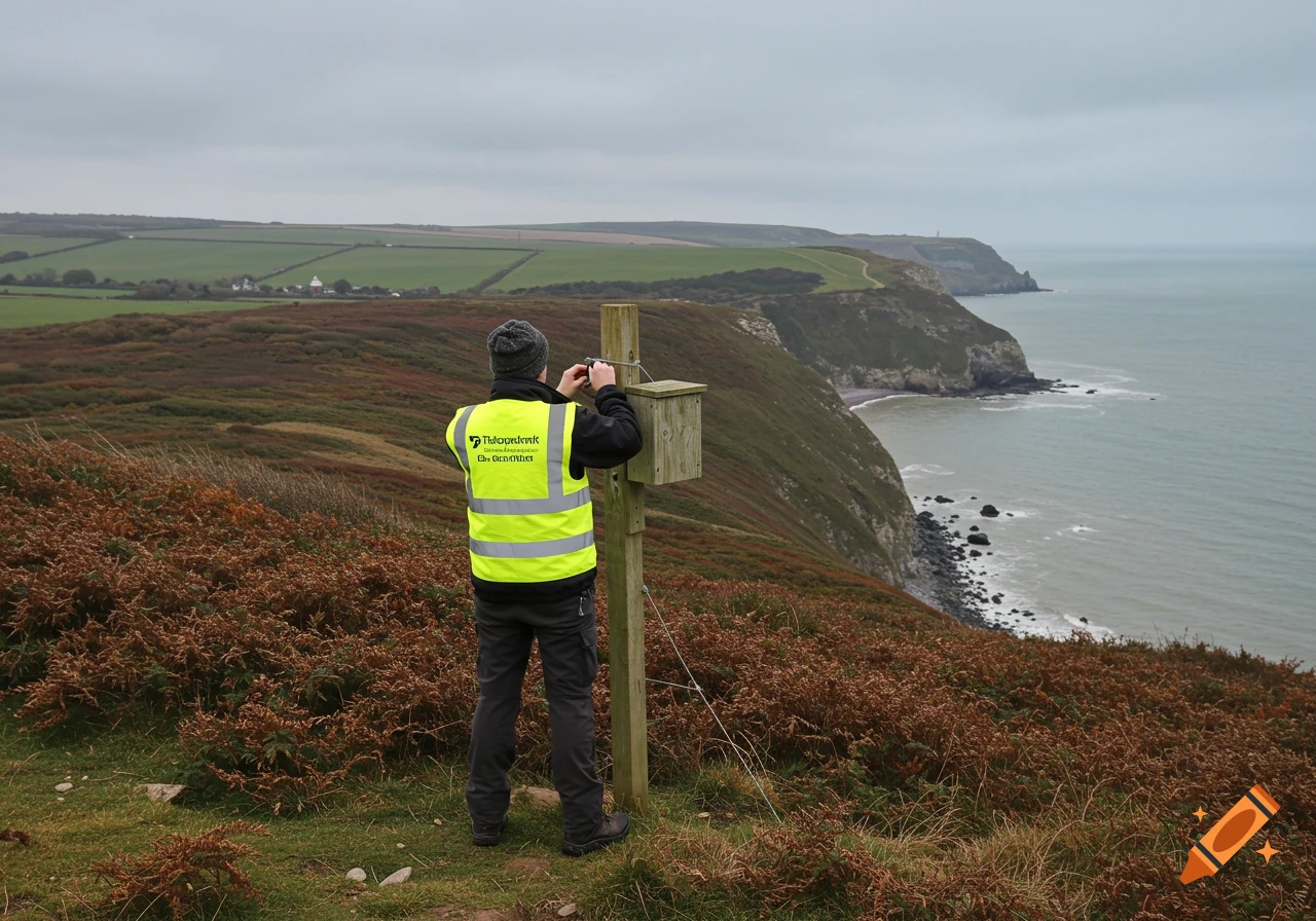 Person in high-vis vest installing a bird box on a post overlooking a coastal headland.