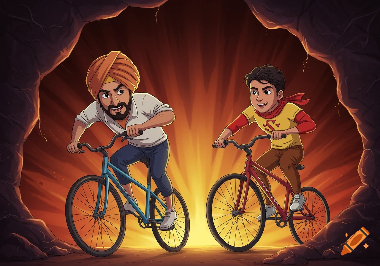 Cartoon illustration of two characters riding bicycles out of a dark cave towards a bright light.