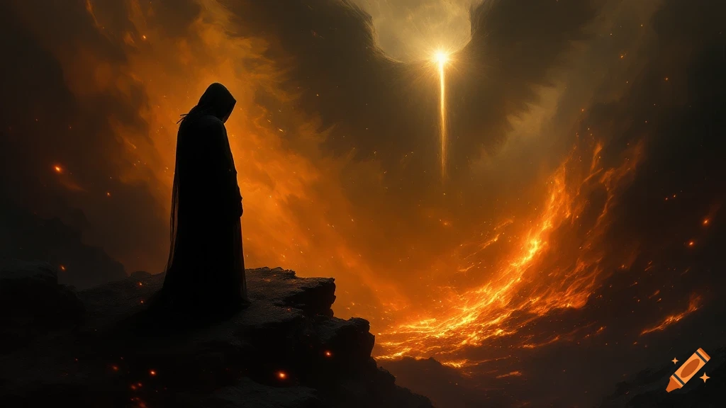Hooded figure on a cliff overlooking a fiery abyss with a beam of light above.