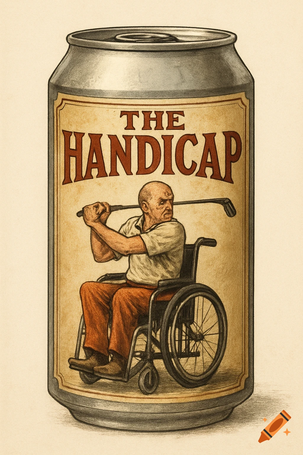 A drawing of a beer can labeled "The Handicap" featuring a man in a wheelchair swinging a golf club.