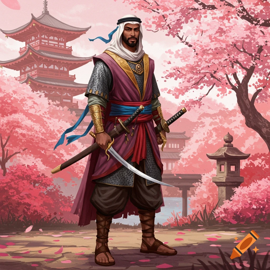 A Middle Eastern warrior stands in a Japanese garden with cherry blossoms.