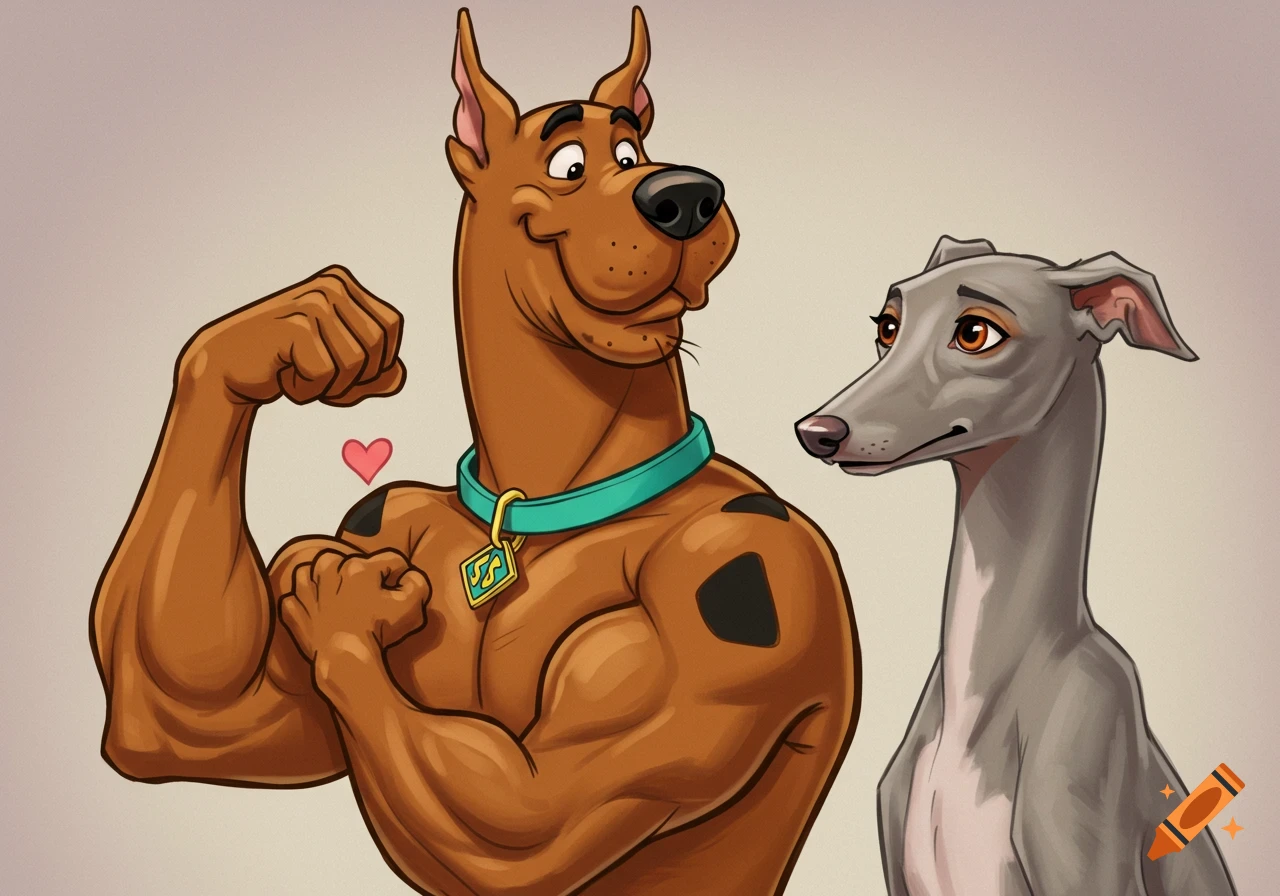 Muscular Scooby-Doo flexes a bicep with a heart, observed by a greyhound in a cartoon style illustration.