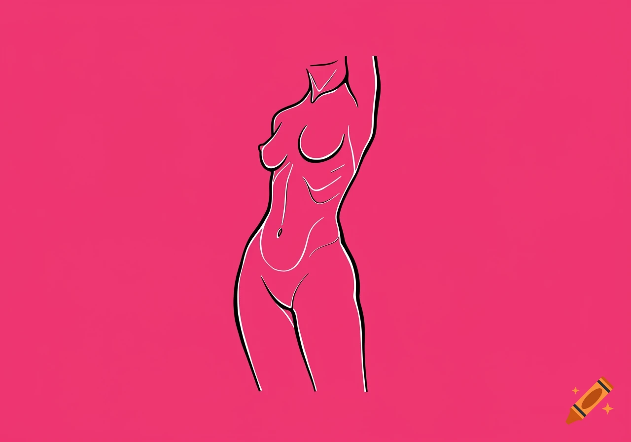 Minimalist line drawing of a female body on a pink background.