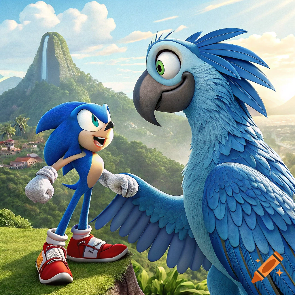 Sonic the Hedgehog stands next to Blu the blue macaw from Rio on a cliff overlooking a bay and mountains, in a CGI style.