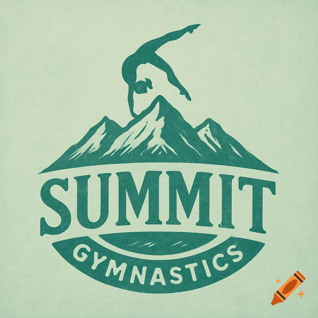 Logo in mint green with a gymnast silhouette over mountains and the text SUMMIT GYMNASTICS.