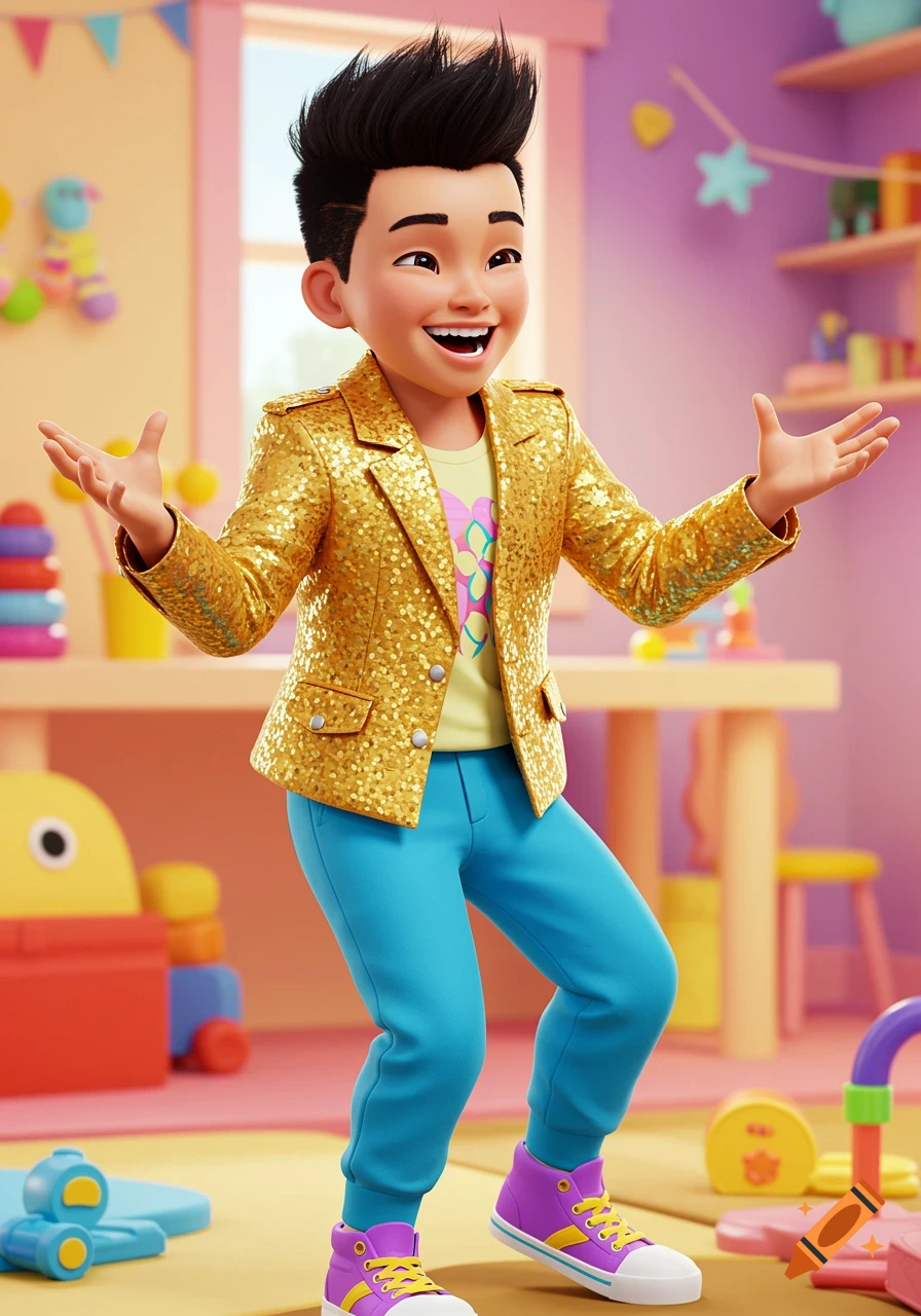 3D render of a boy in a sparkly gold jacket and blue pants in a colorful playroom.