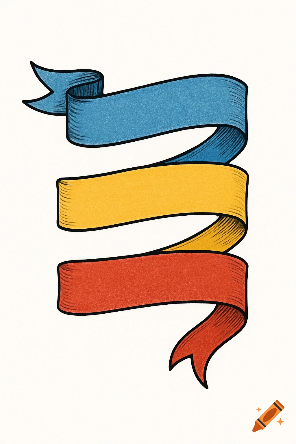 Drawing of a blue, yellow, and red three-layered ribbon banner flowing downwards on a white background.