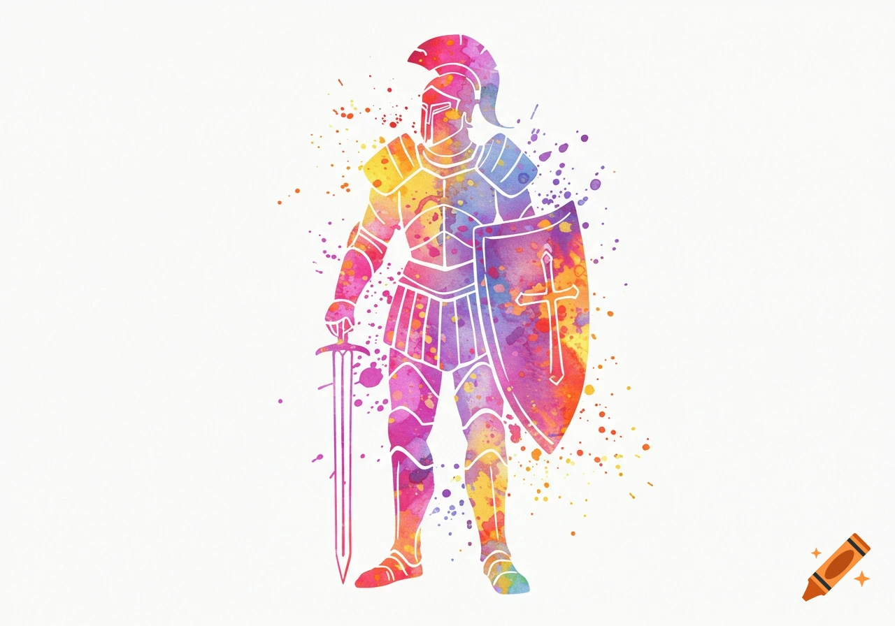 Watercolor outline of a figure in armor holding a sword and shield with a cross, with colorful splashes.