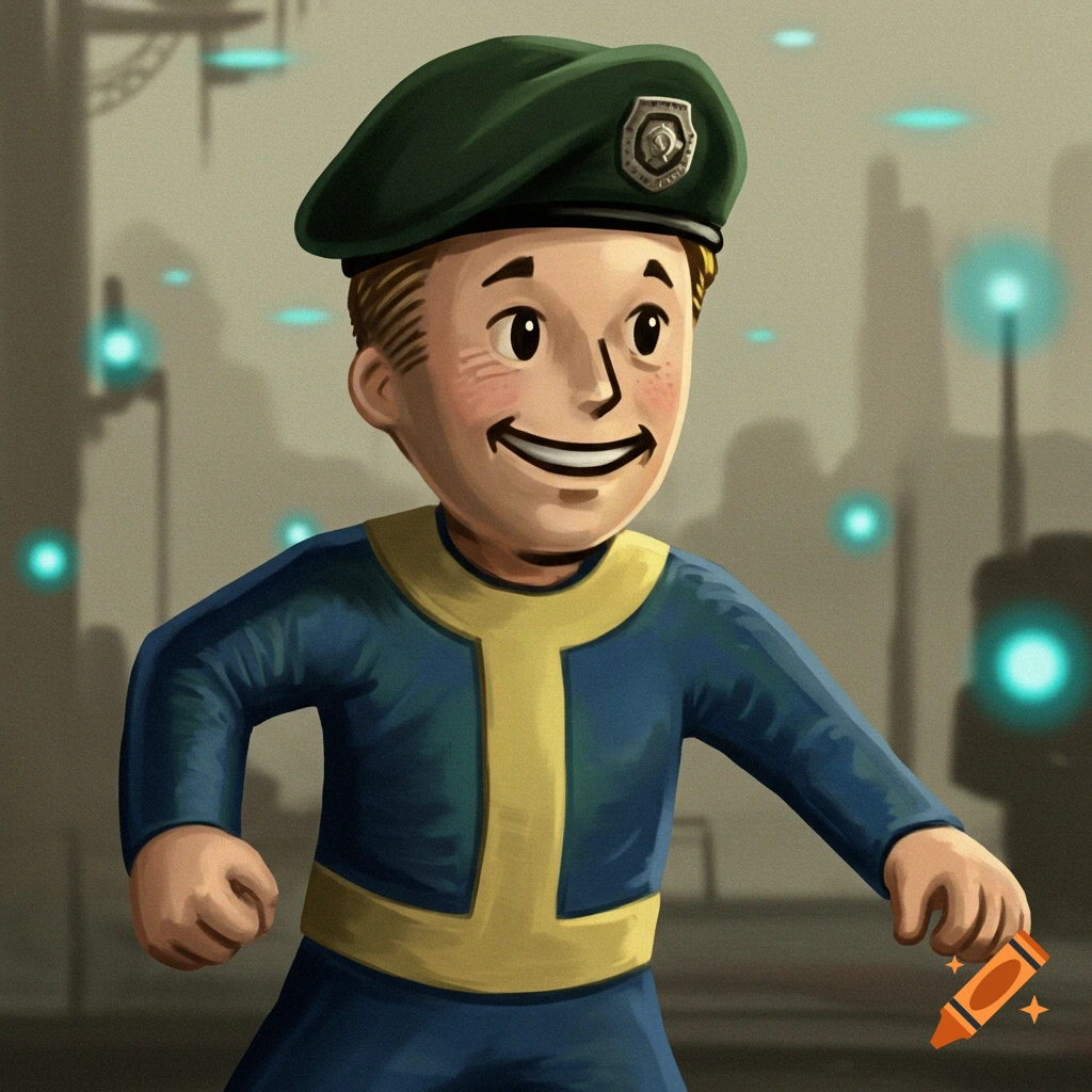 Cartoon Vault Boy character wearing a security forces beret.