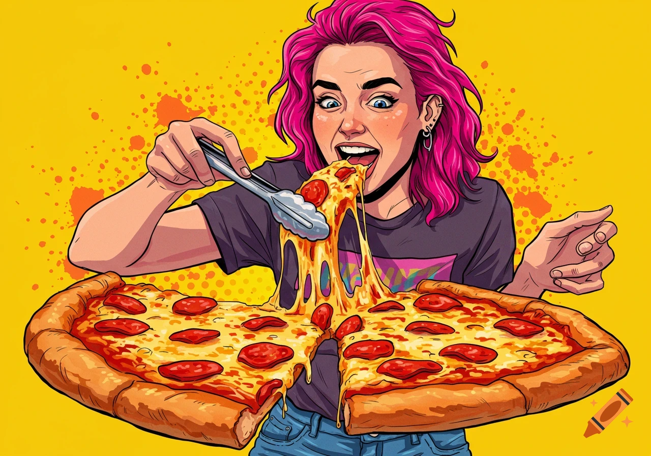 Illustration of a person with pink hair using tongs to eat a large slice of pepperoni pizza.
