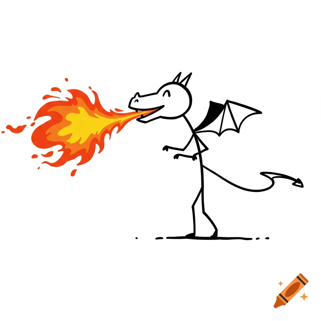 A stick figure dragon breathing fire to the left.