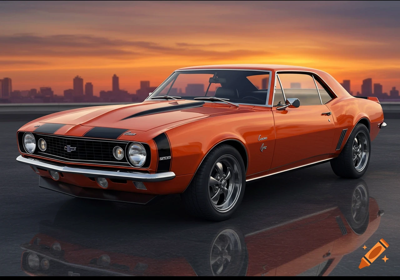 Orange vintage Chevrolet Camaro parked with a city skyline at sunset.