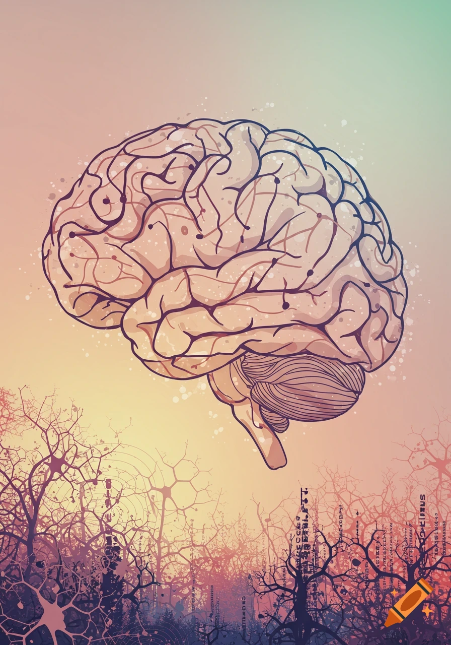 Stylized illustration of a human brain floating above abstract neuron or tree-like structures.