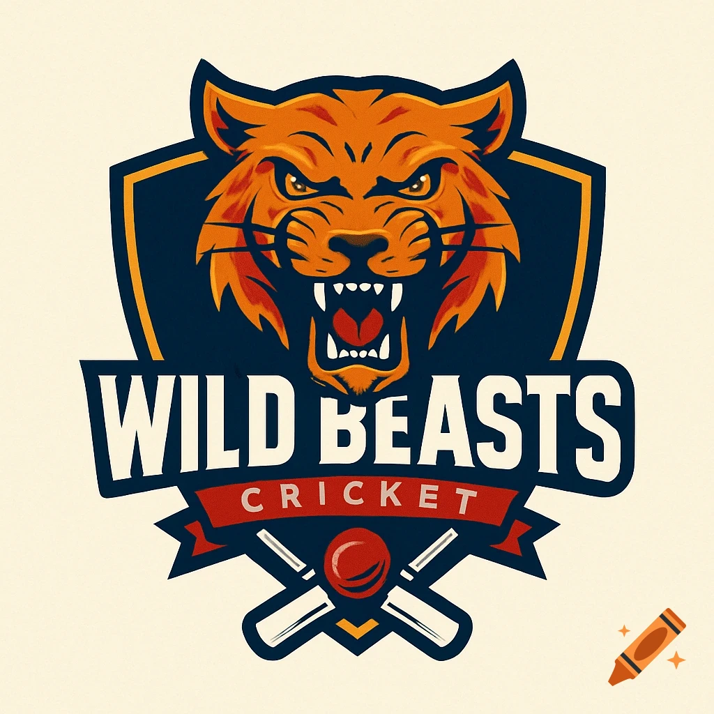 Logo for a cricket team with a stylized tiger head, the words "Wild Beasts", and crossed cricket bats and a ball.