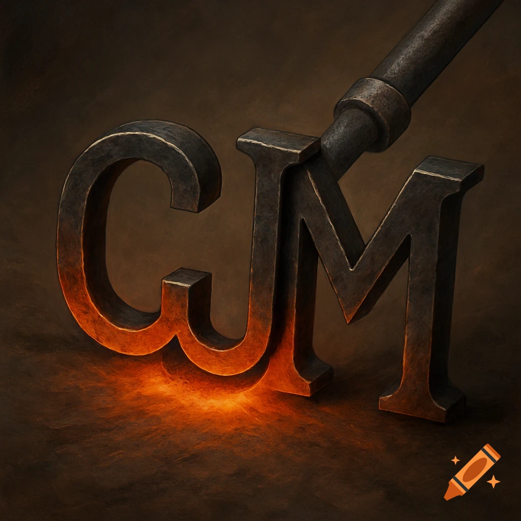 Metal letters CJM connected as a cattle brander, glowing with heat.