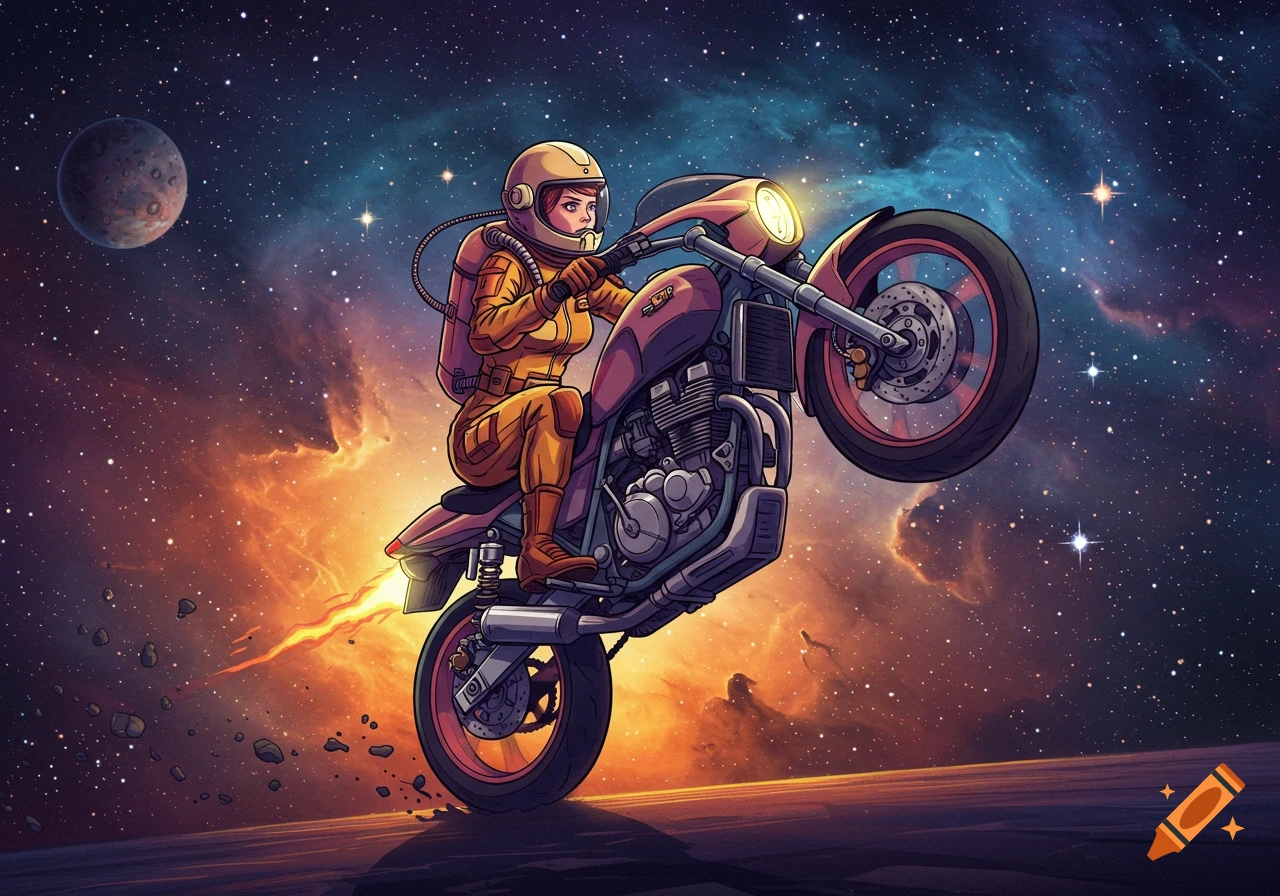 Woman in retro astronaut suit rides motorcycle in space, doing a wheelie.