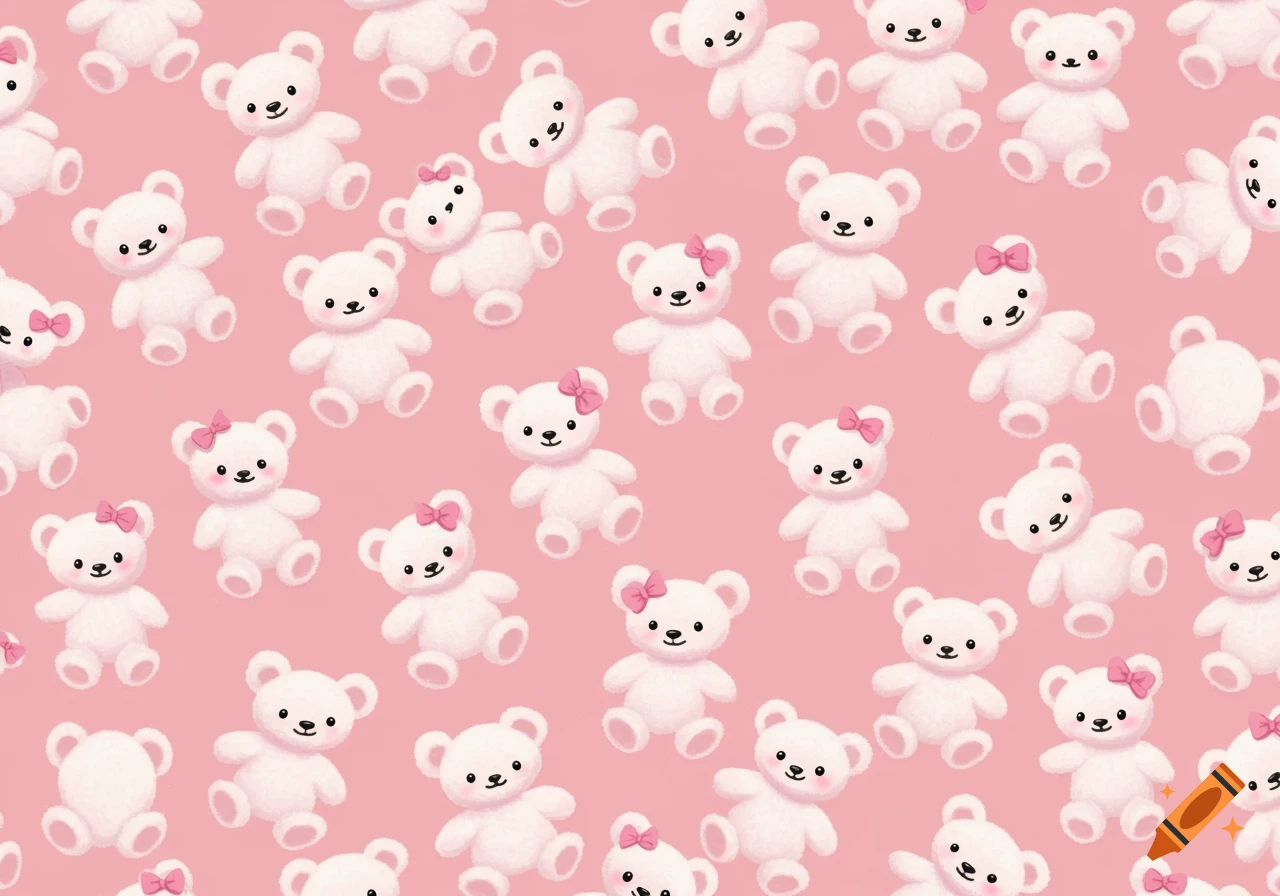 Seamless pattern of cute white teddy bears with pink bows on a light pink background.