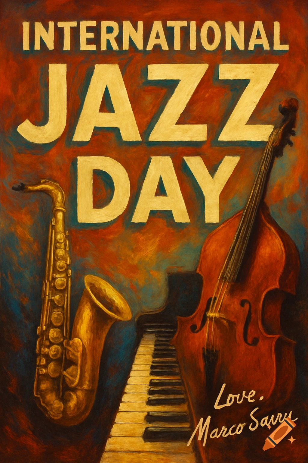 Painterly poster for International Jazz Day with saxophone, upright bass, and piano keyboard.