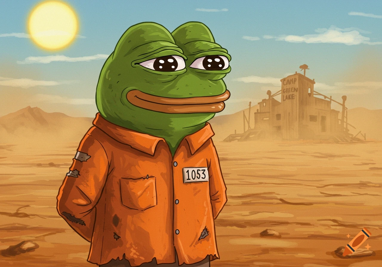 Pepe the Frog wearing an orange jumpsuit in a desert with a building labeled Camp Green Lake.