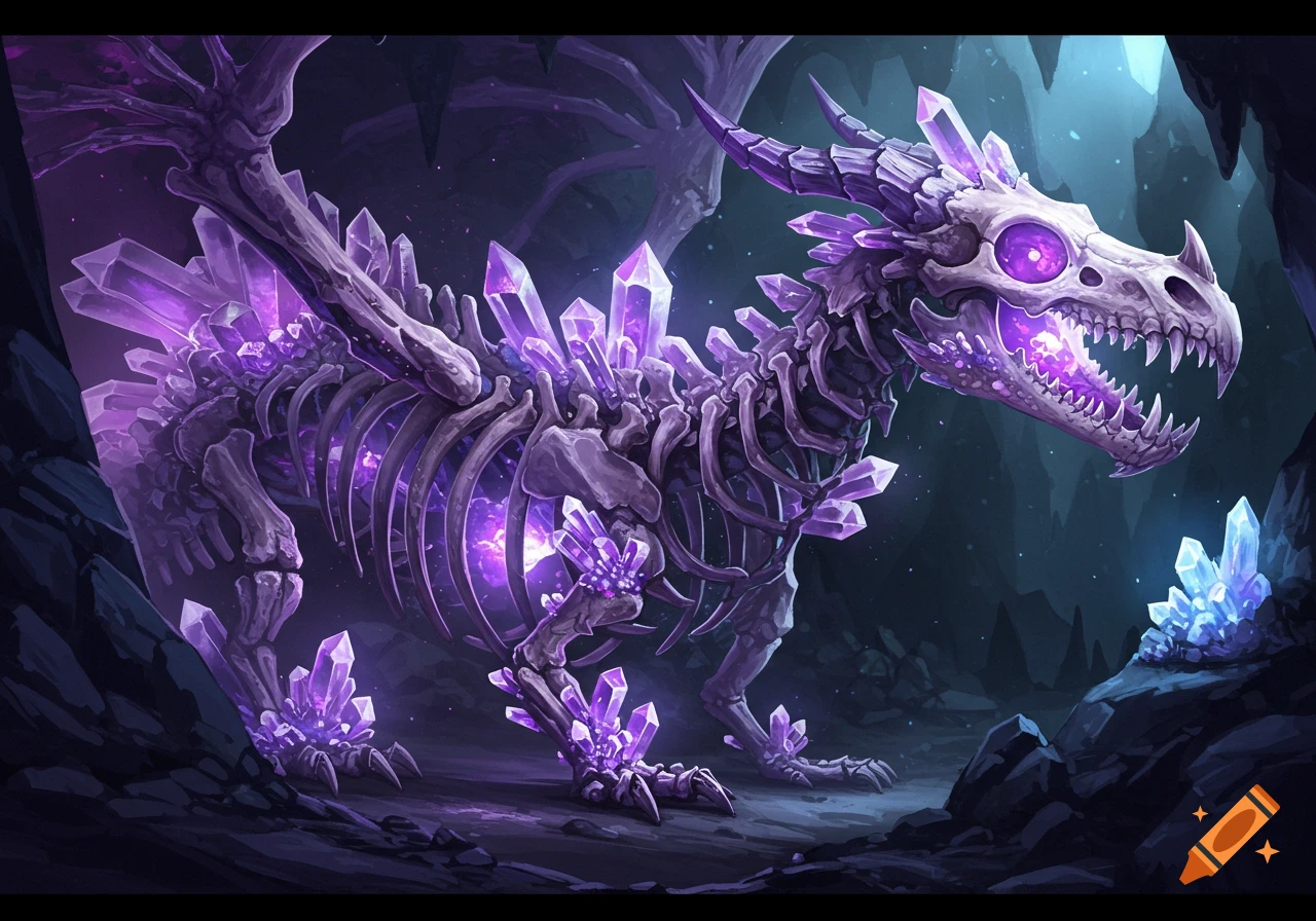 A purple crystalline dragon skeleton stands in a dark cave.