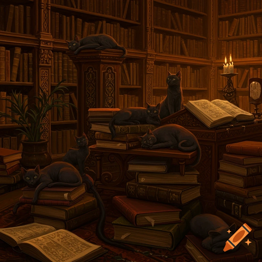 Black cats lounge among piles of books in a dimly lit, ornate library.
